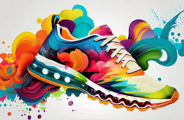Une chaussure de course colorée avec une éclaboussure de couleurs vives.